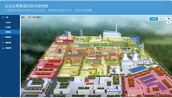 企業(yè)風險分級四色分布圖，動態(tài)展現(xiàn)風險管控結(jié)果，安全隱患實時提醒，風險管控狀況及時預(yù)警。